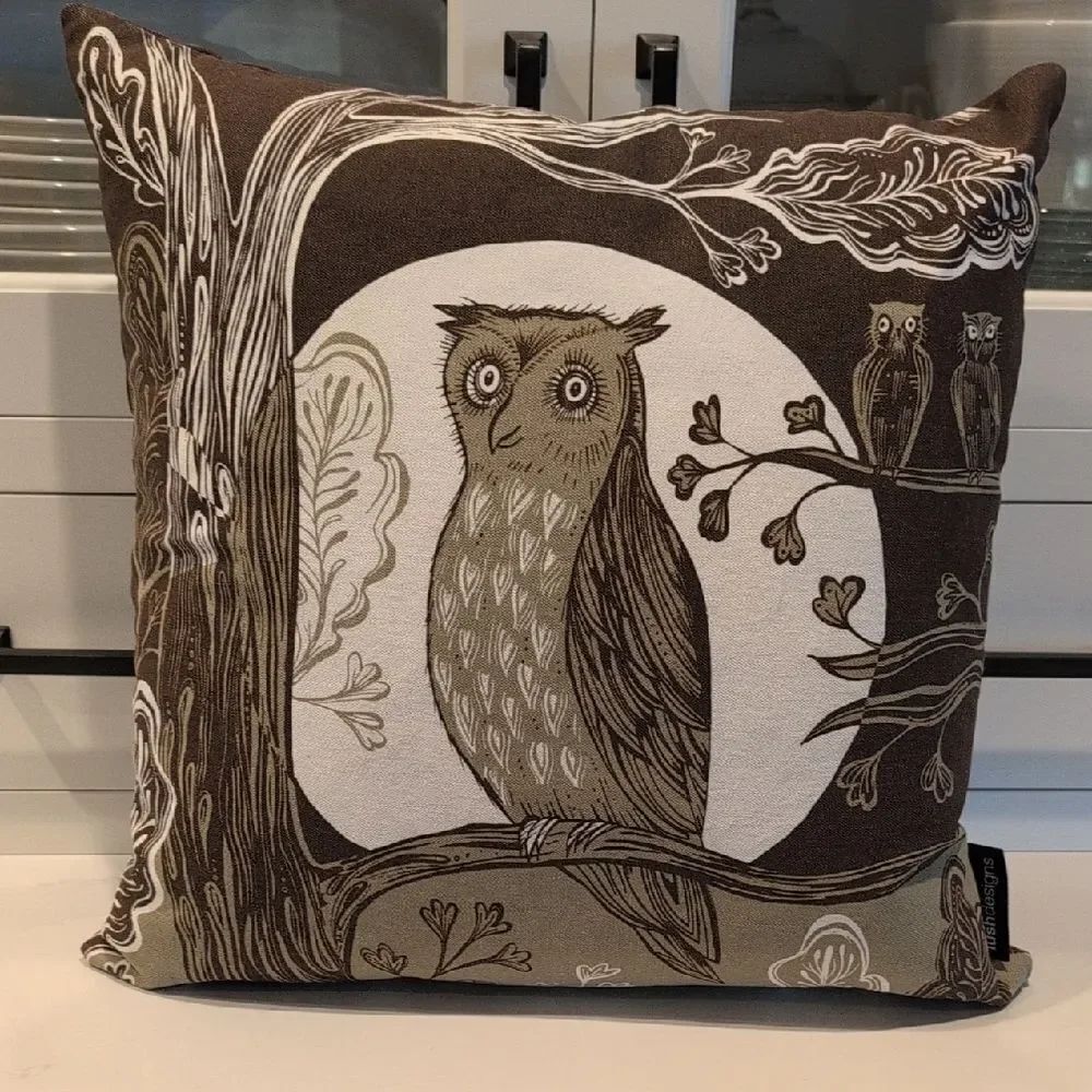 Lush Designs Woodland Owl Accent Throw Pillow - Brown and Cream Made in England